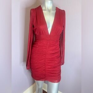 refuge Red Sparkle Long-Sleeve Ruched Mini Dress